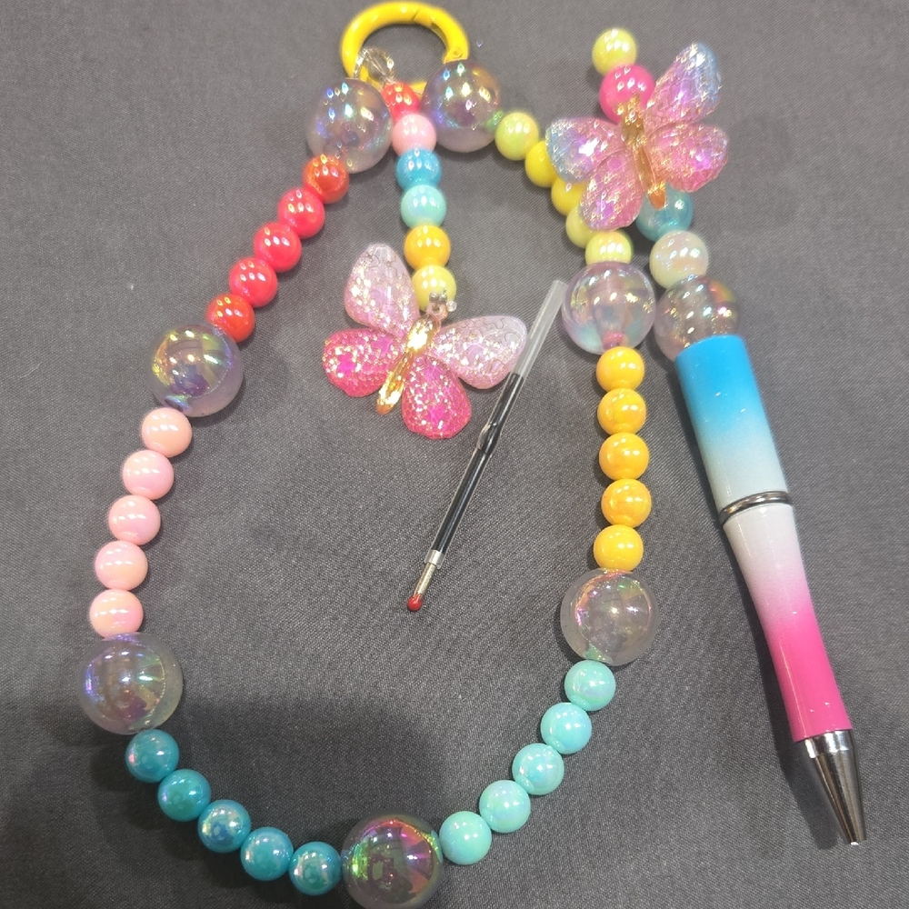 Pink and Yellow Butterfly Beaded Pen With Matching Keychain